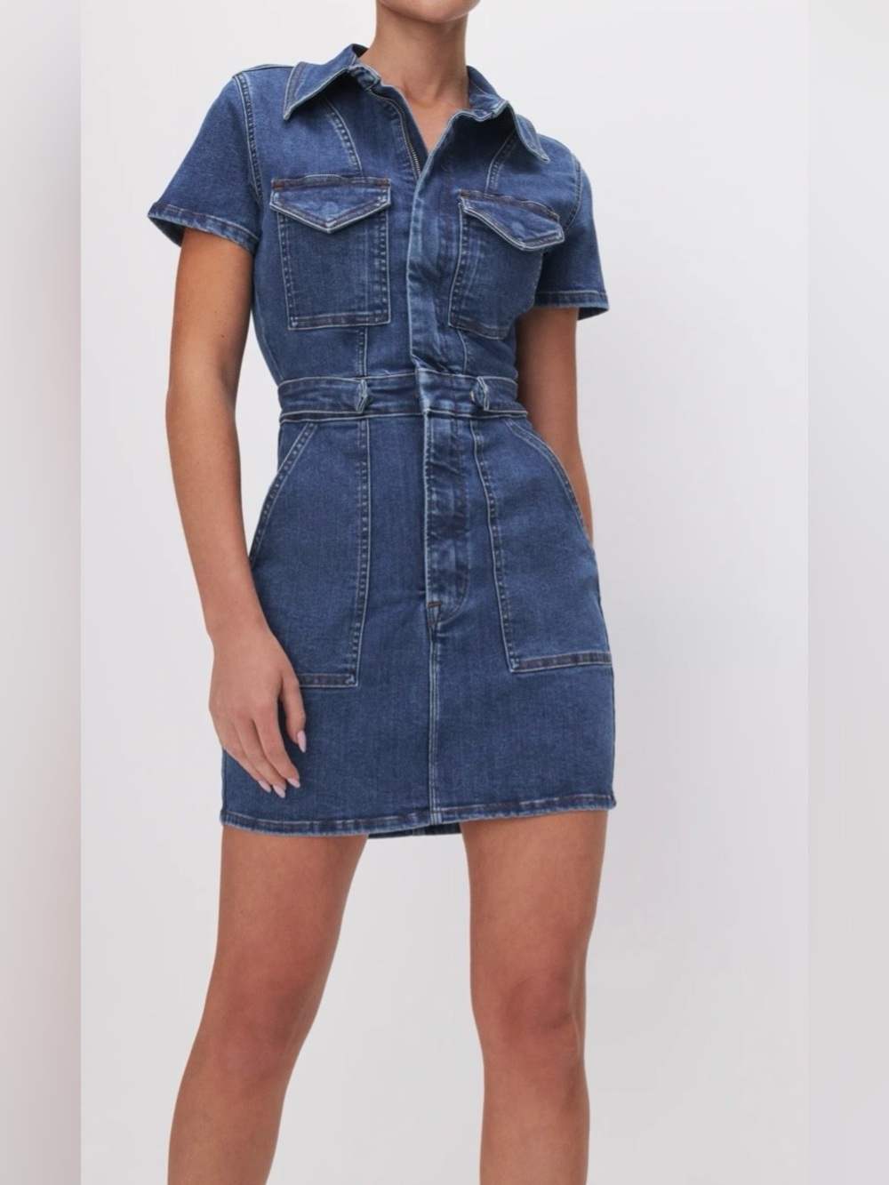 Good American Dark Blue Denim Short-Sleeve Zip Dress - Picture 11 of 11